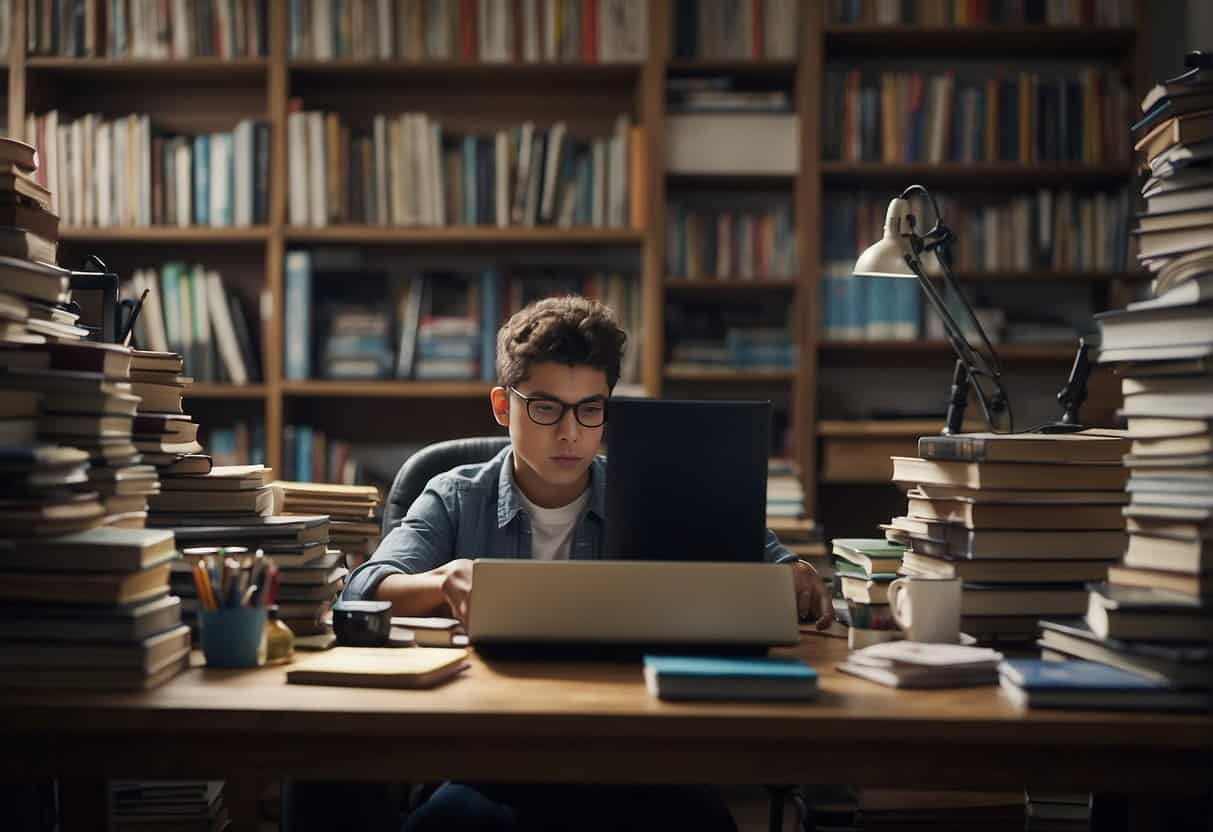 A quiet, focused individual sits at a desk, surrounded by books, art supplies, and a computer. They are absorbed in learning and developing their skills in a peaceful, solitary environment