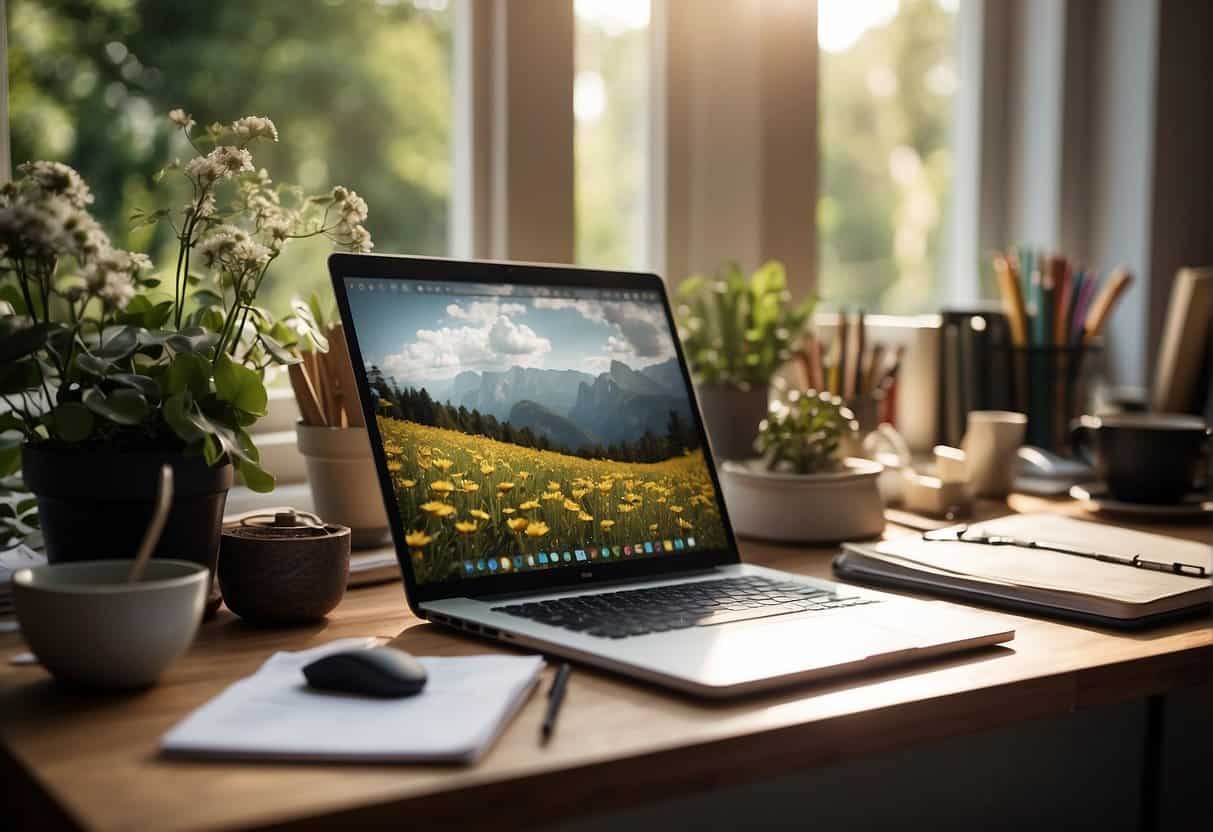 A desk cluttered with art supplies and a laptop, surrounded by inspirational quotes and images. A window overlooks a peaceful garden, creating a tranquil work environment