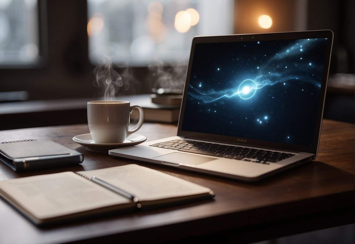 A laptop with a glowing screen sits on a desk, surrounded by scattered papers and a cup of coffee. A ghostly hand holds a pen, writing on a blank sheet of paper