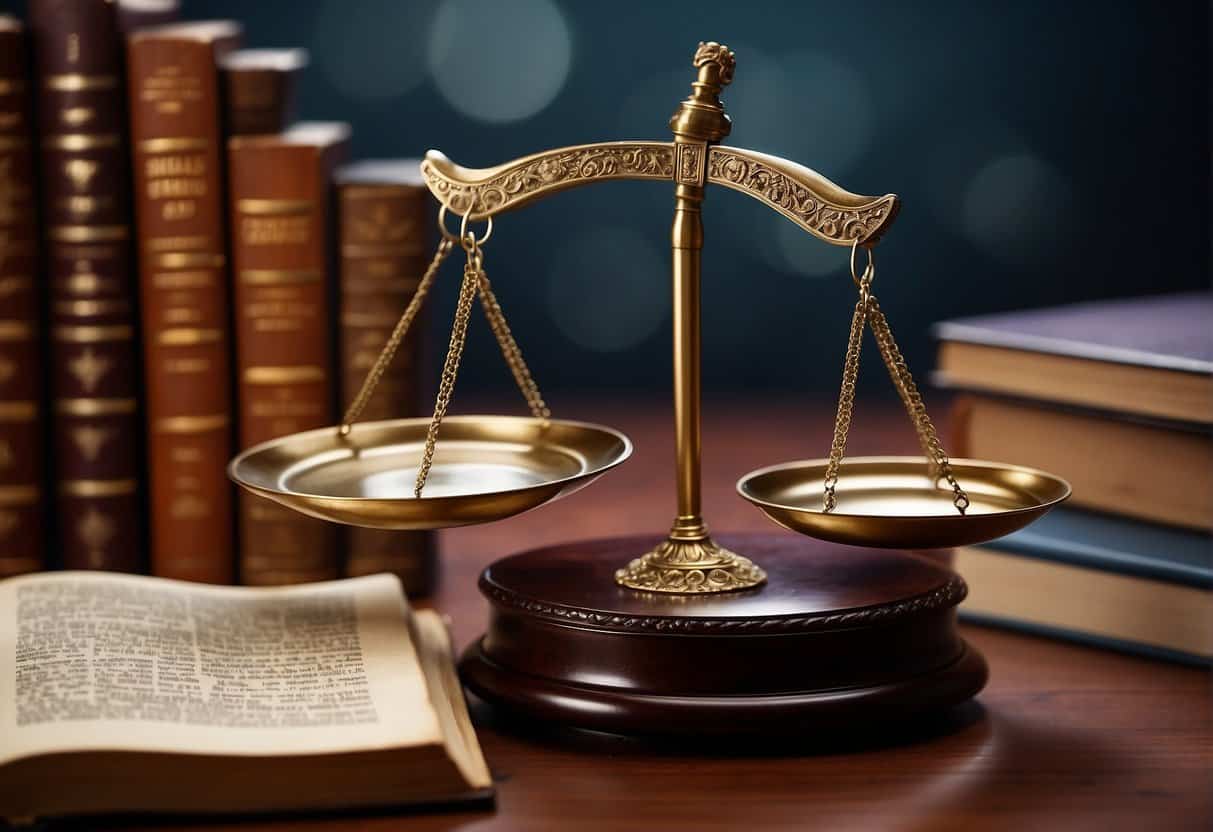 A scale balancing a gavel and a quill, surrounded by a book of laws and a code of ethics