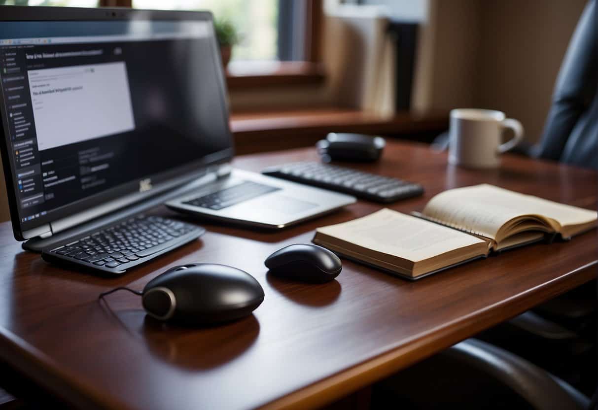 A home office setup with a computer, legal books, and a paralegal working at a desk, with a focus on ethical and legal considerations