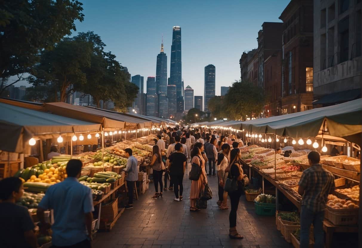 A bustling market with vendors selling various products, a group of entrepreneurs discussing ideas, and a vibrant city skyline in the background