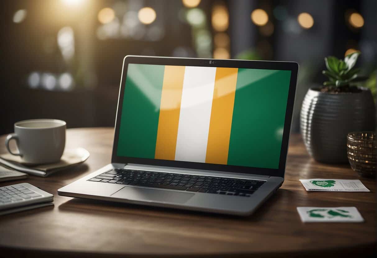 A laptop with a Nigerian flag sticker, surrounded by icons representing various online business ideas