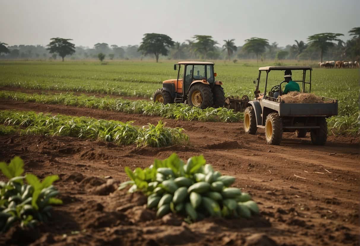 A fertile Nigerian landscape with various crops and livestock, including cassava, yams, and poultry, with a modern farm equipment in the background