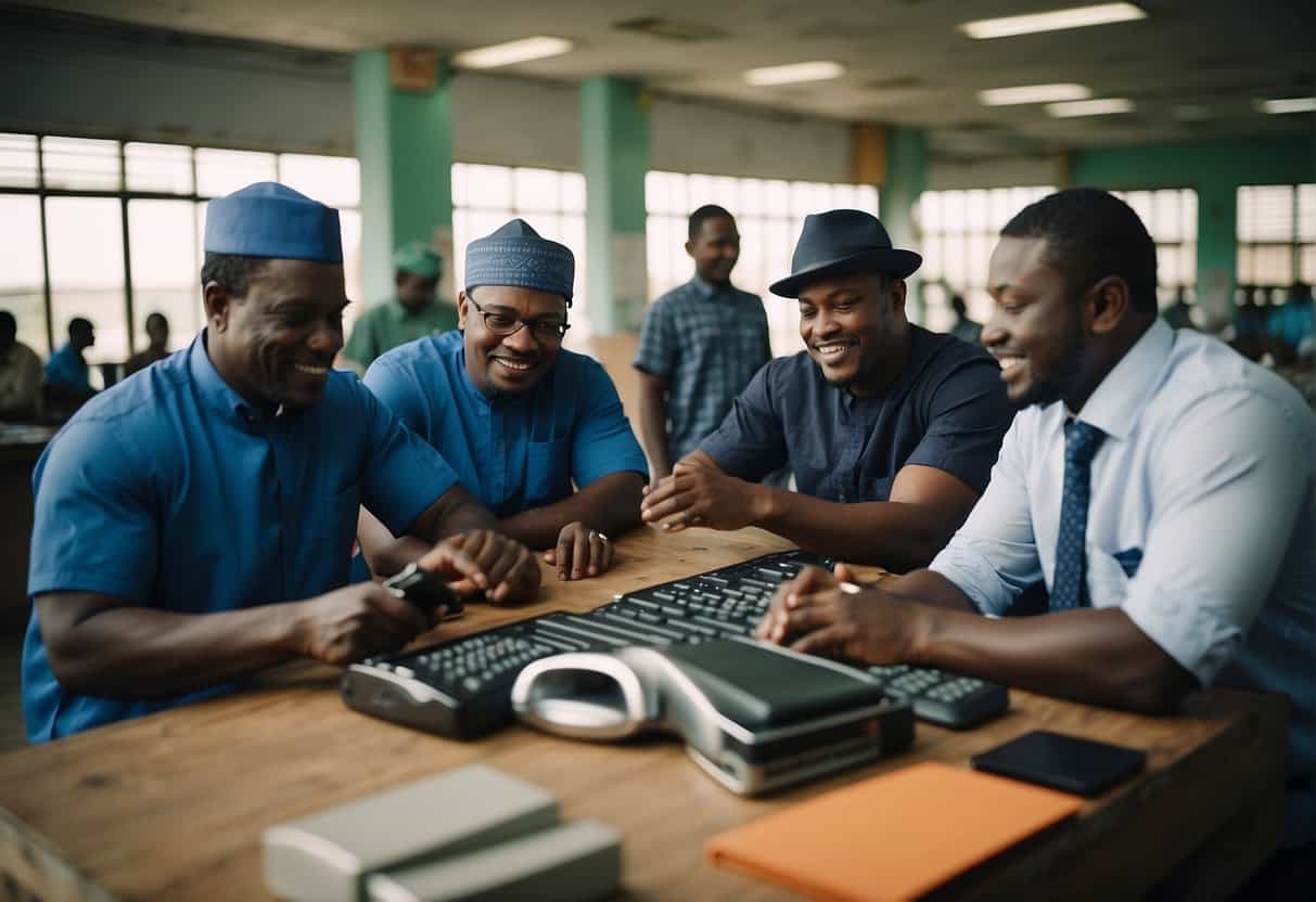 A group of people engaging in various service-oriented business activities in Nigeria. The scene includes a marketplace, office spaces, and customers interacting with service providers