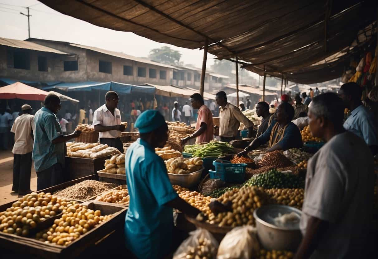 A bustling marketplace in Nigeria, with vendors selling various goods and customers evaluating business ideas