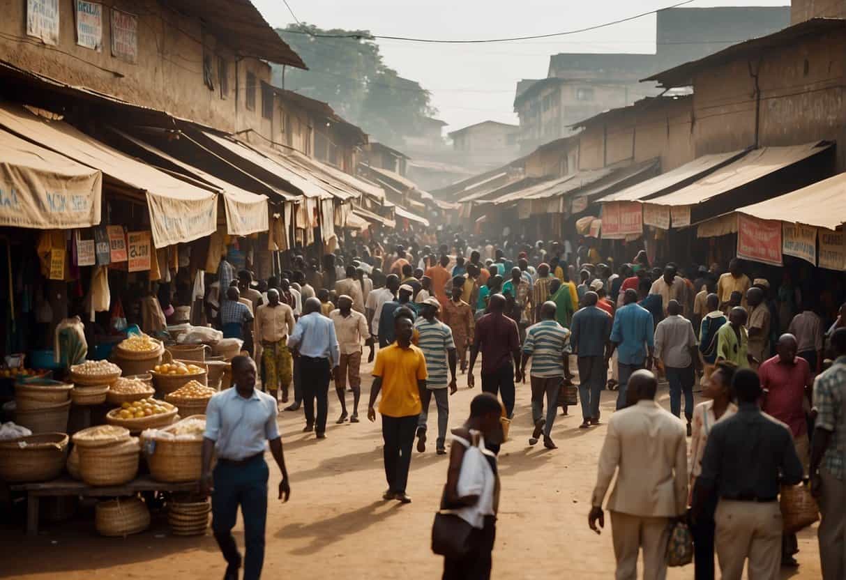 A bustling marketplace with people browsing and asking questions about various business ideas in Nigeria. Signs and banners advertising different opportunities hang overhead