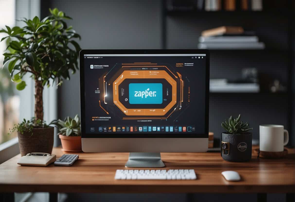 A home office with a computer, desk, and various electronic devices. A Zapier logo displayed on the screen. No human subjects