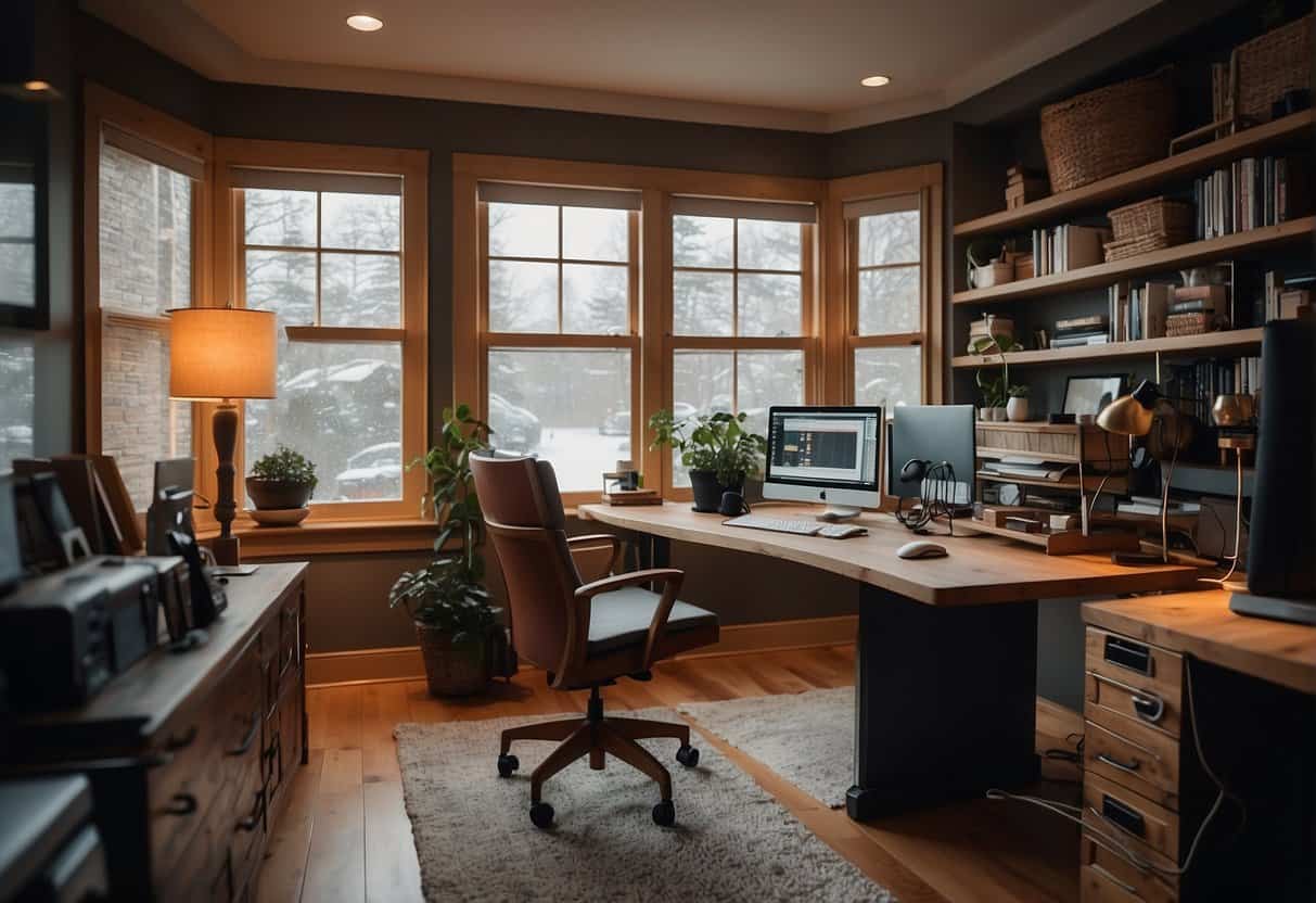 A cozy home office with a computer, desk, and comfortable chair. A seamless integration of automation tools like Zapier streamlines freelance work