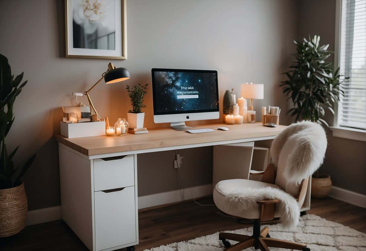 A cozy home office with a desk, computer, skincare products, and a comfortable treatment chair for estheticians to work from home