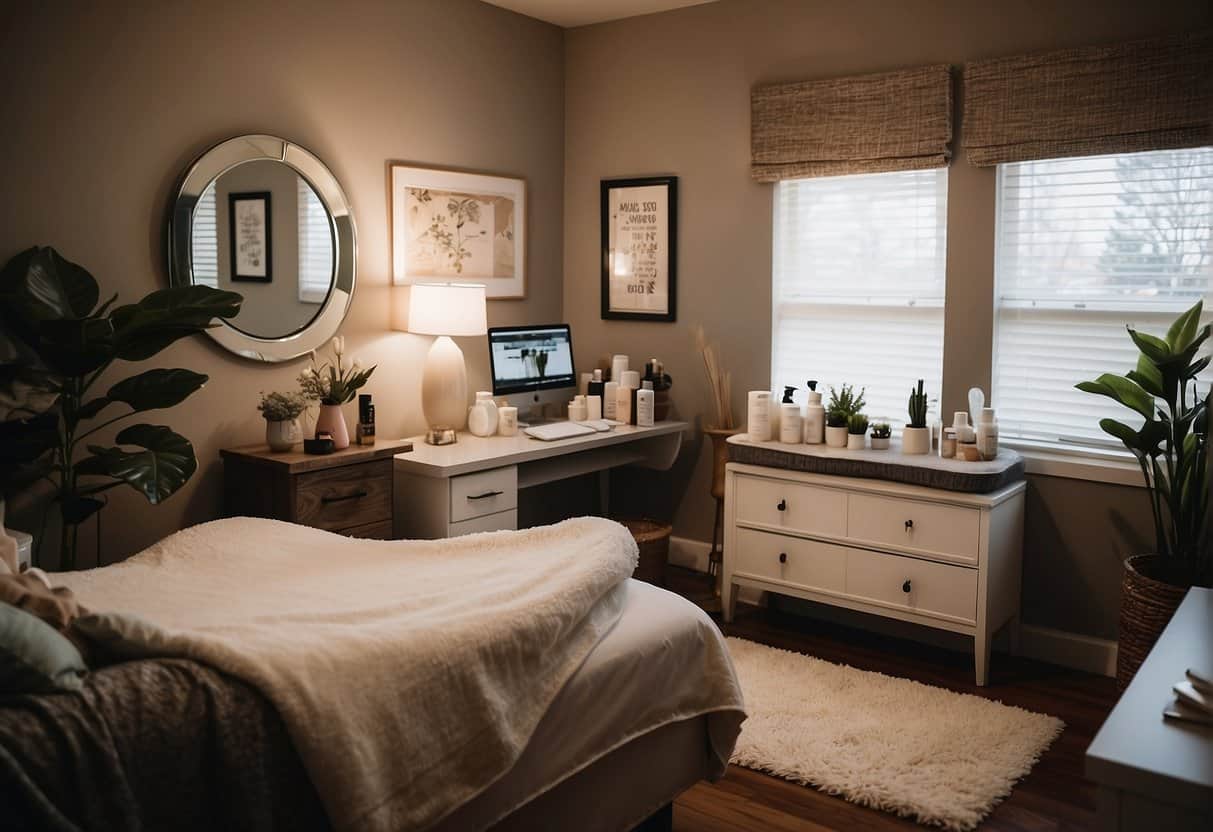 An esthetician's home office with a cozy treatment bed, professional skincare products, and a serene ambiance for offering services