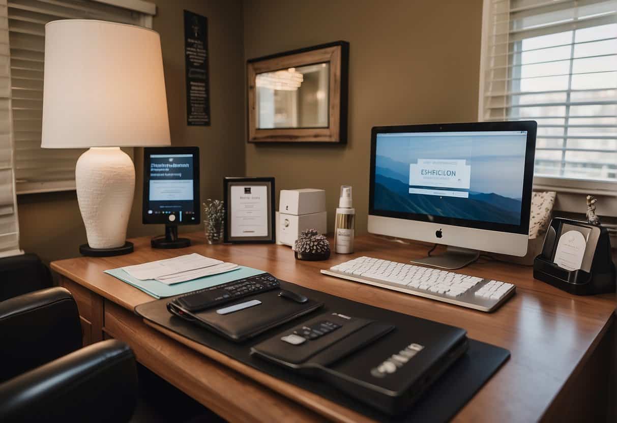 An esthetician's home office with a computer, skincare products, and legal documents on a desk. A sign on the door reads "Licensed Esthetician."