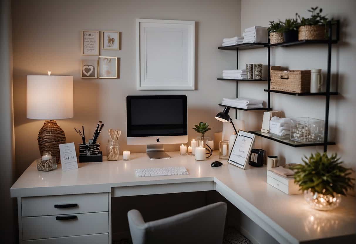 An esthetician's home office with a cozy treatment area, organized supplies, and a professional work station for client consultations and paperwork
