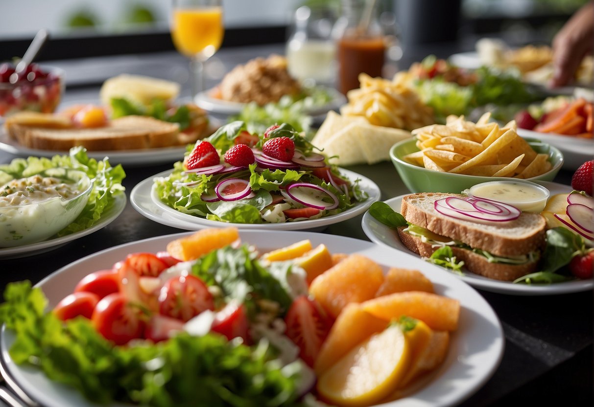 A table filled with various cold lunch options, including salads, sandwiches, wraps, and fruits, neatly arranged with colorful plates and utensils