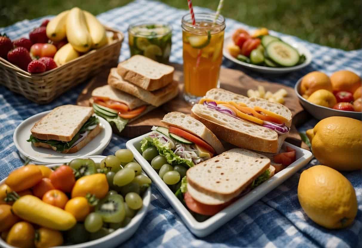 A picnic blanket spread with a variety of sandwiches and wraps, surrounded by fresh fruits and vegetables, with a thermos of iced tea on the side