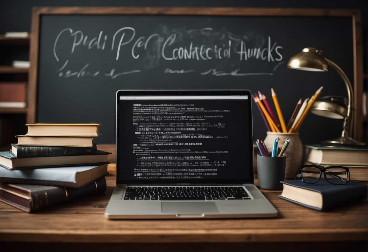 A teacher's desk with a laptop, books, and a resume. A chalkboard with "Personal Branding and Contact Information" written on it