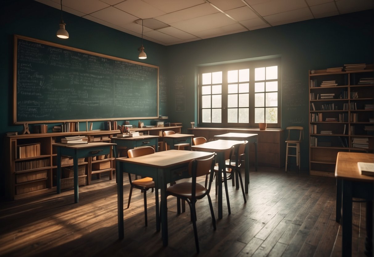 A classroom with a chalkboard and desk, books and educational materials, and a welcoming atmosphere