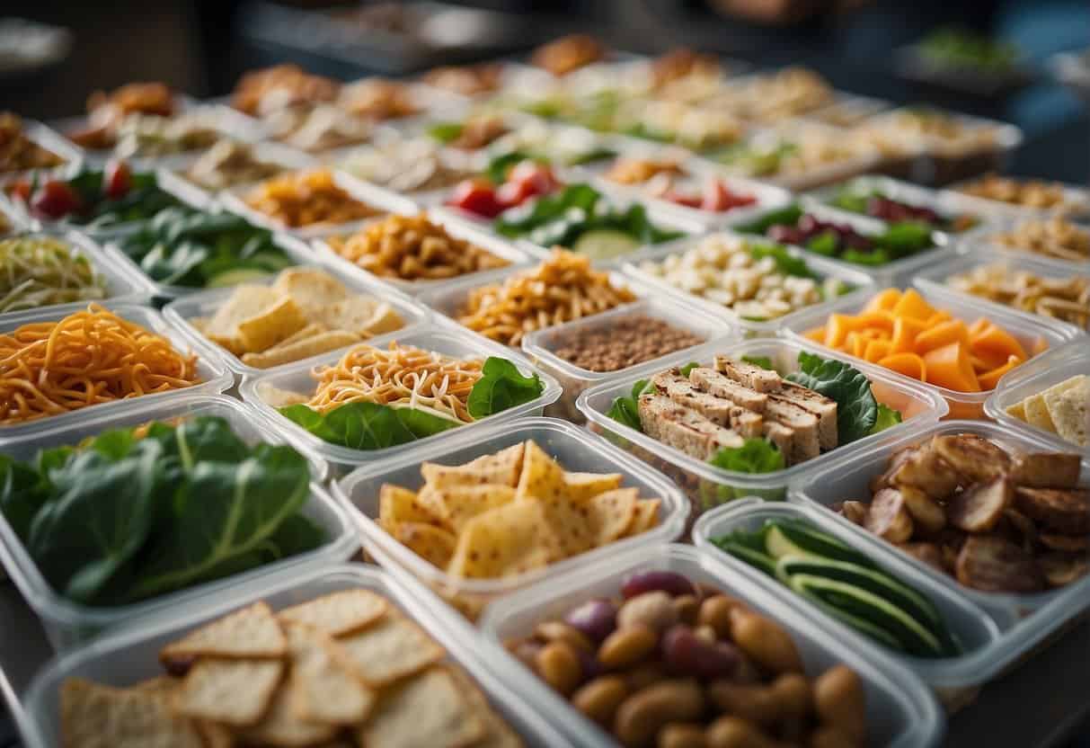 A table filled with 22 different boxed lunch options, featuring a variety of sandwiches, salads, wraps, and snacks, neatly arranged and labeled for catering