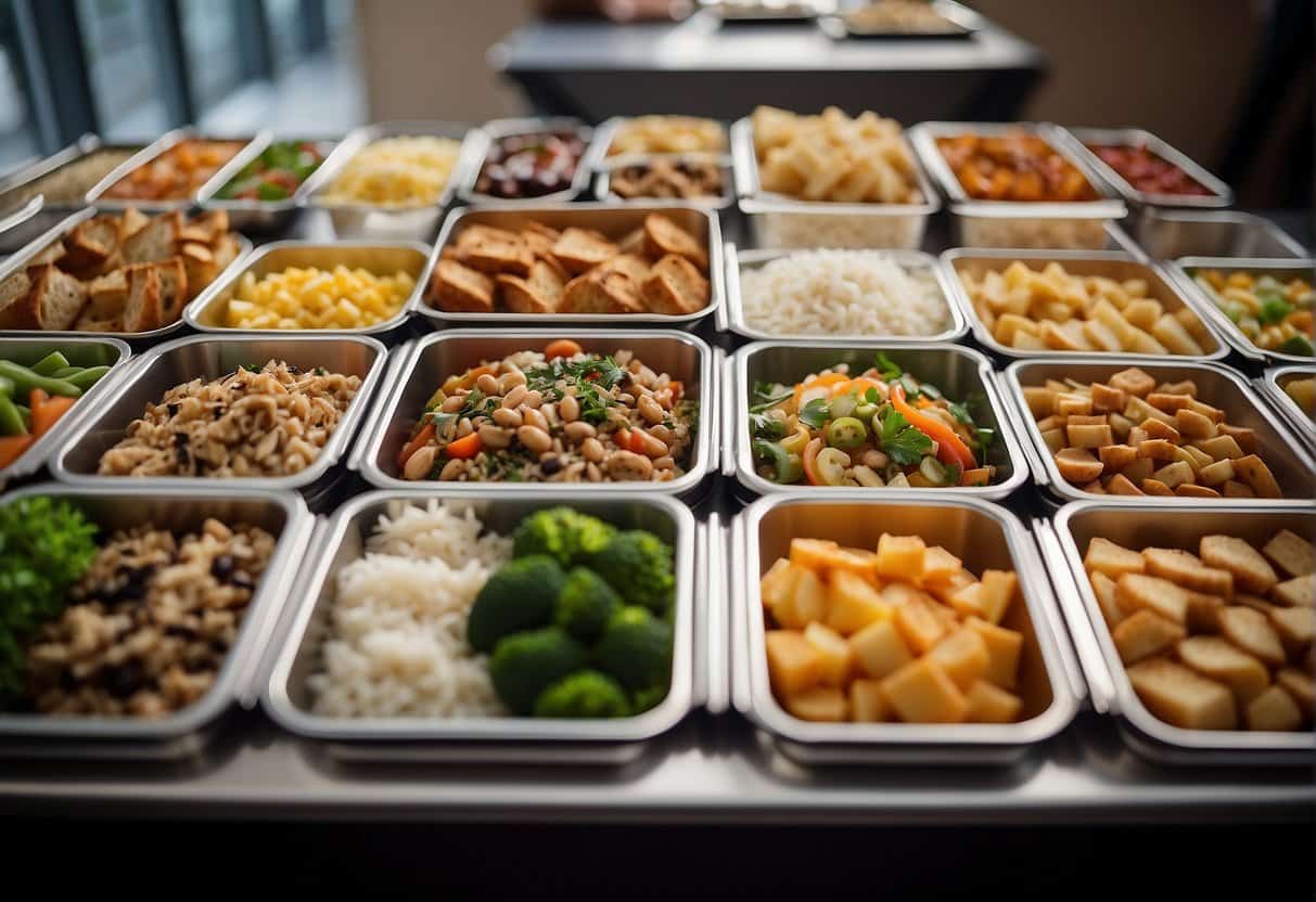 A table with 22 diverse boxed lunch options neatly arranged for catering