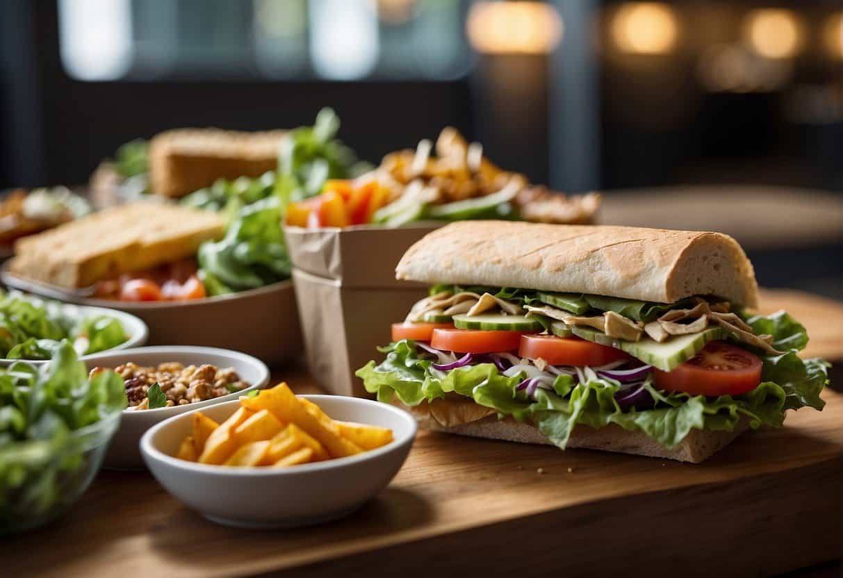 A table filled with various boxed lunch options, including sandwiches, salads, and wraps, neatly arranged with colorful and appetizing presentation