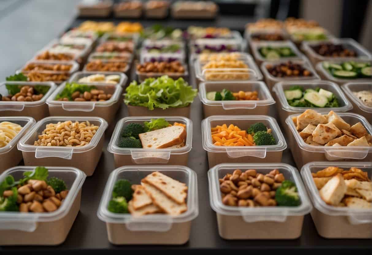 A table filled with 22 boxed lunches, each with a different dietary preference catered to, such as vegan, gluten-free, and keto options. The boxes are neatly arranged and labeled for easy identification