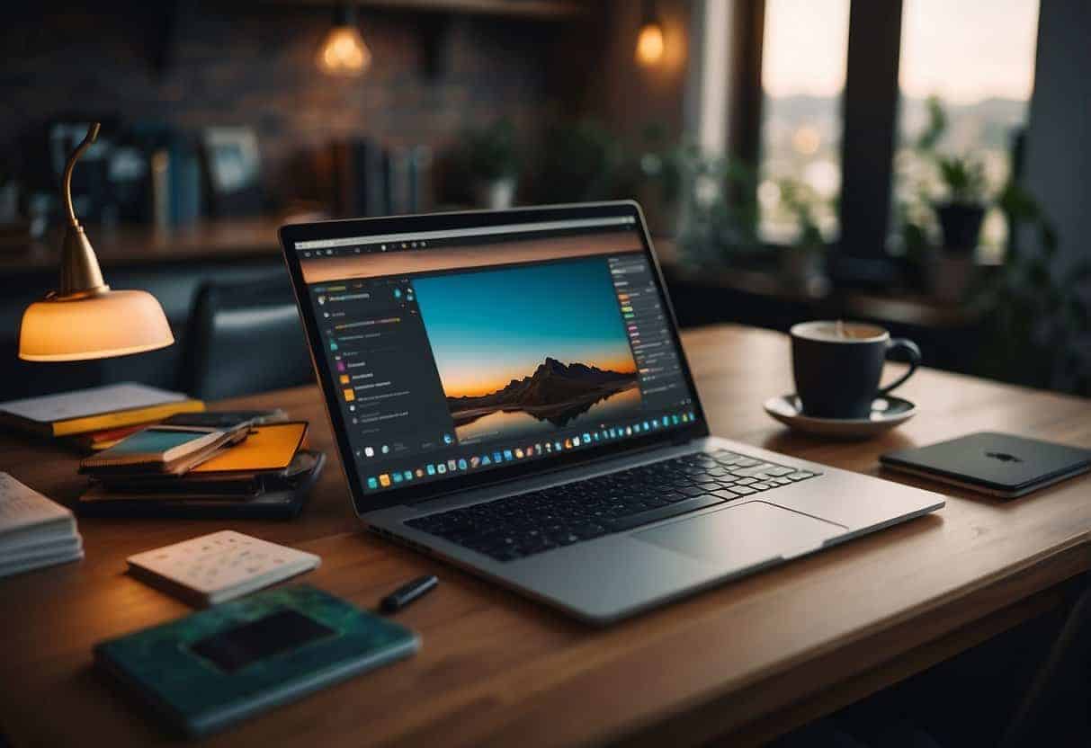 A cozy home office with a computer, desk, and chair. A cup of coffee and a notepad sit on the desk. The room is bright and inviting