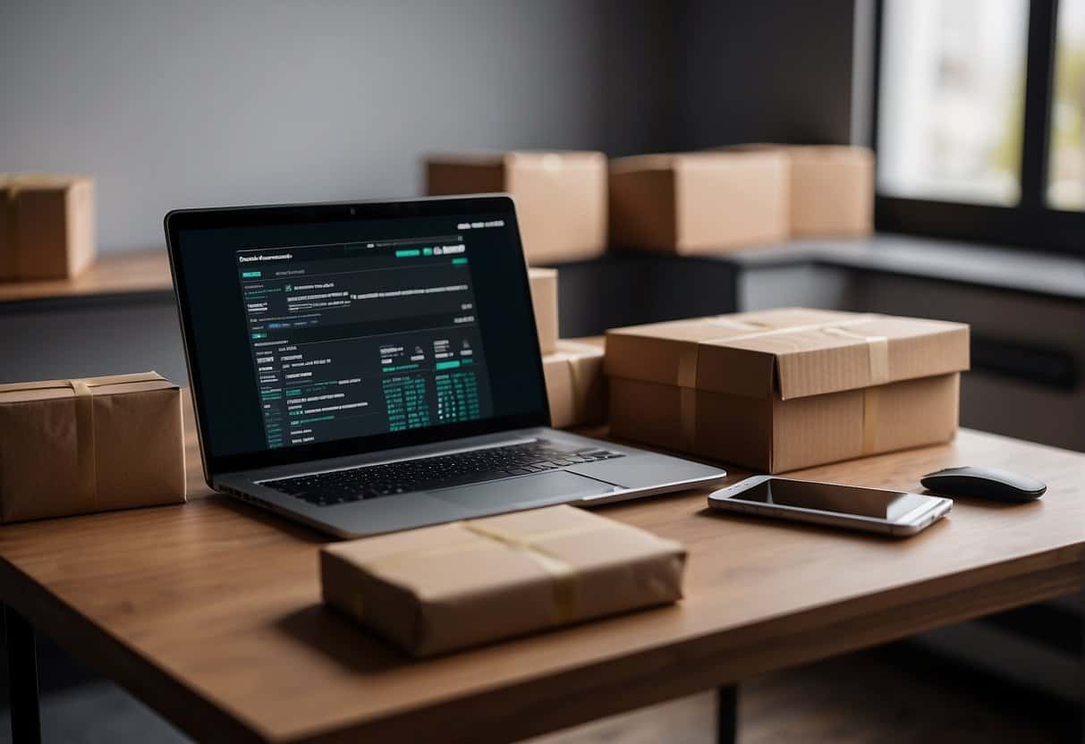 A laptop and a smartphone on a desk, with a stack of packages ready for shipping, and a computer screen showing e-commerce and online sales data