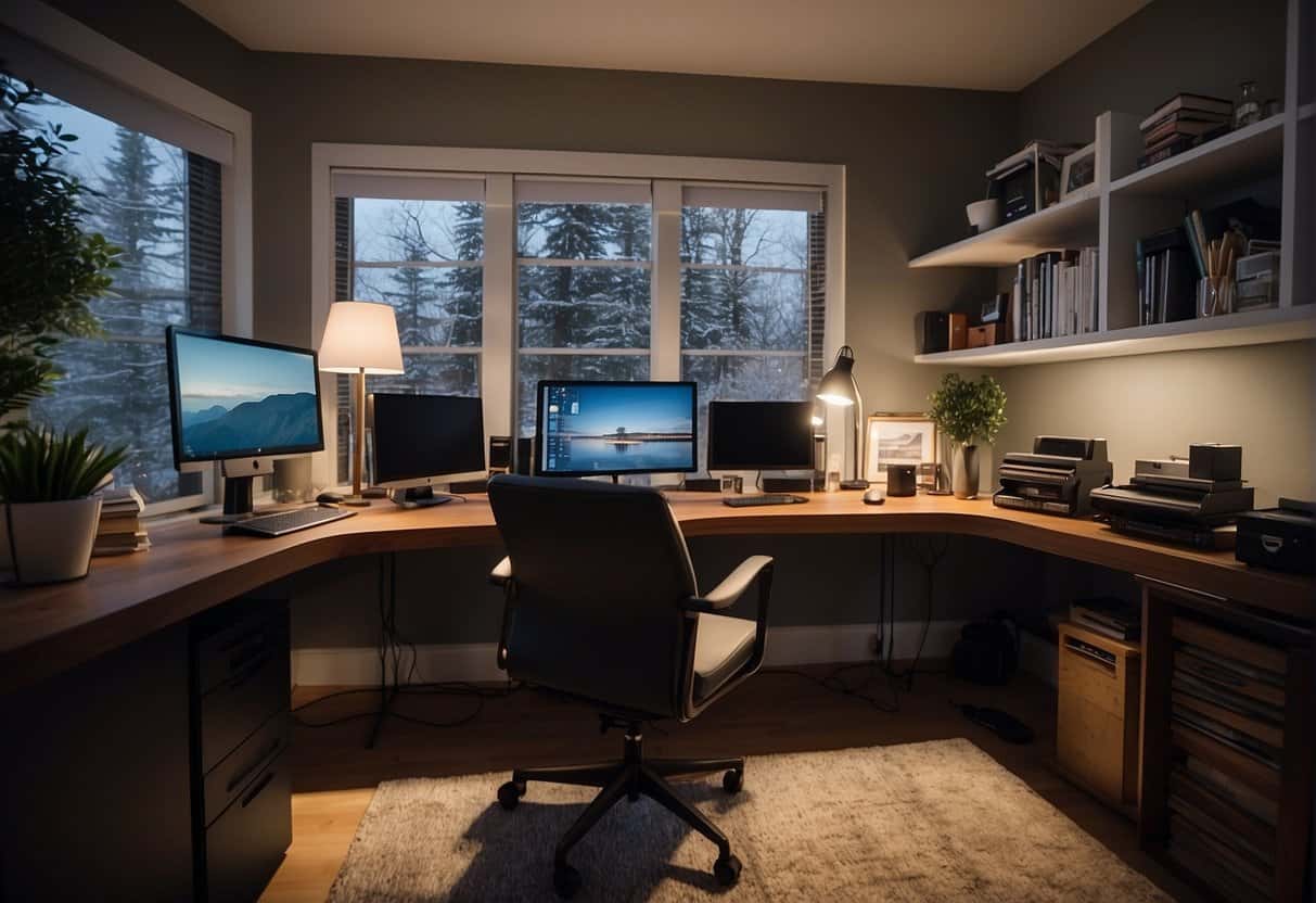 A cozy home office with a desk, computer, and research materials. A person working from home in a comfortable environment