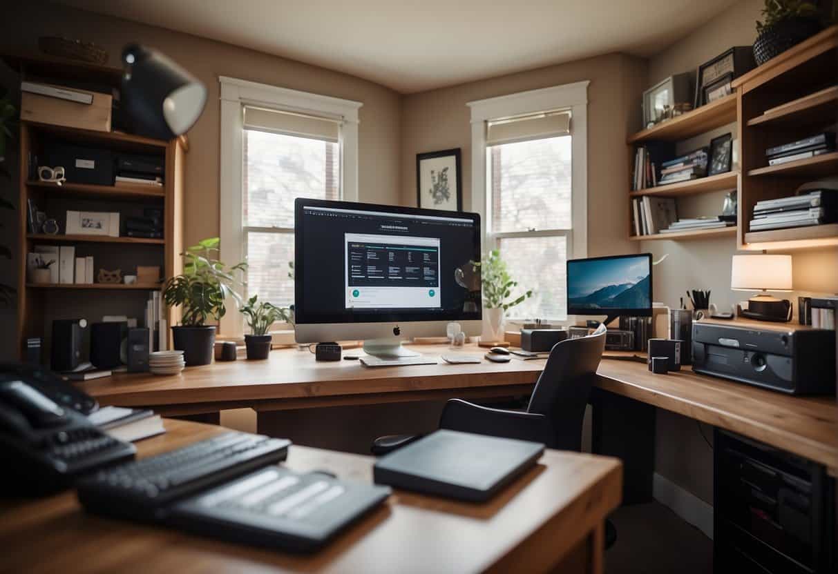 A home office with a desk, computer, and editing supplies. A cozy, professional atmosphere with natural light and a clutter-free workspace