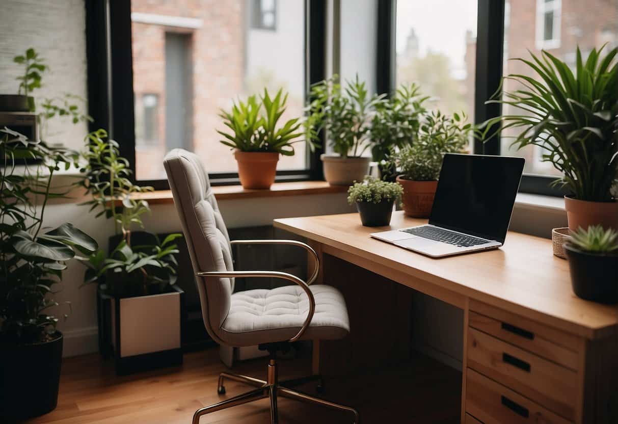 A cozy home office with a laptop, desk, and comfortable chair. A peaceful environment with natural light and plants, representing non-phone work opportunities