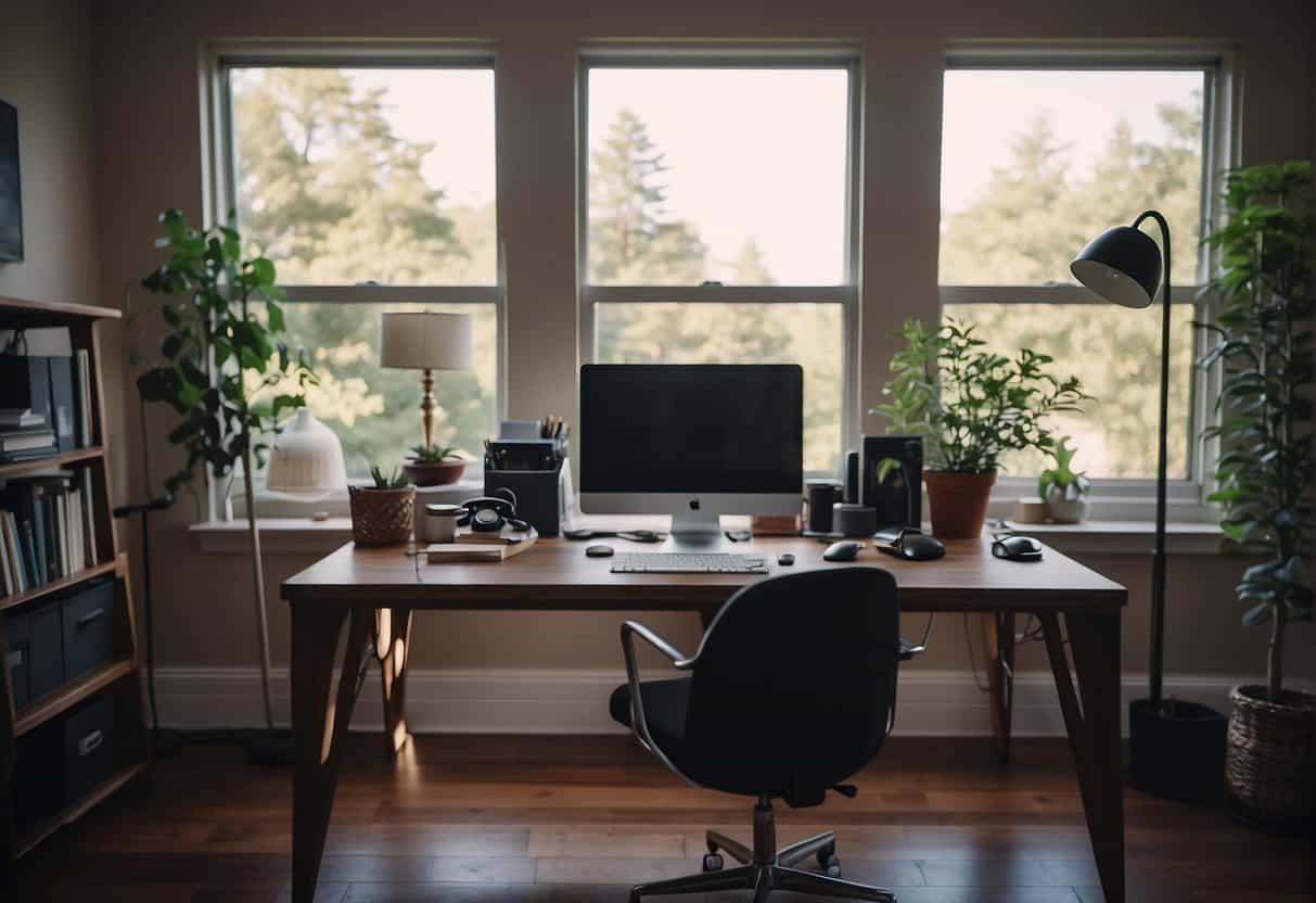 A home office with a computer, desk, chair, and various office supplies. A person is working from home, with a calm and organized environment