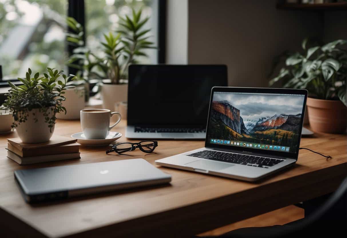 A computer desk with a laptop, notebook, and pen. A cozy home office setting with a window, plants, and a cup of coffee