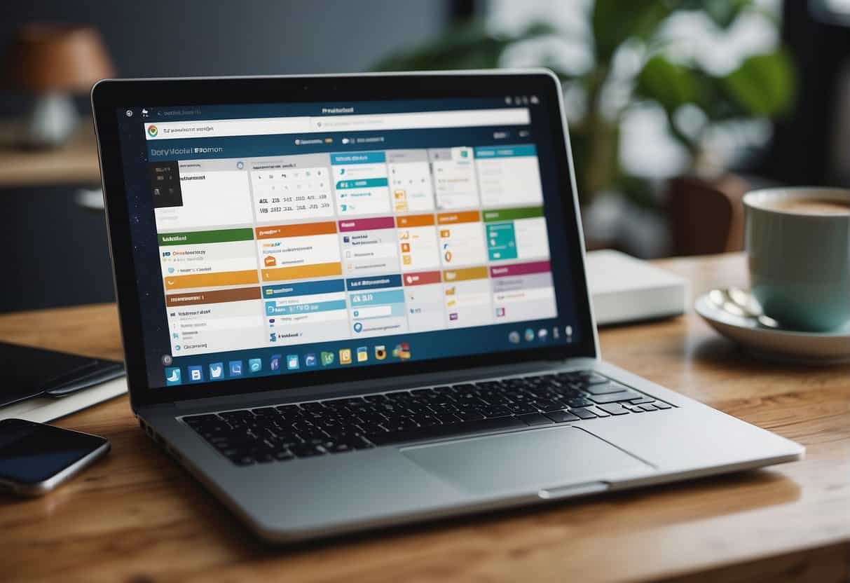 A laptop surrounded by various social media icons, with a calendar and to-do list in the background, representing remote community management work