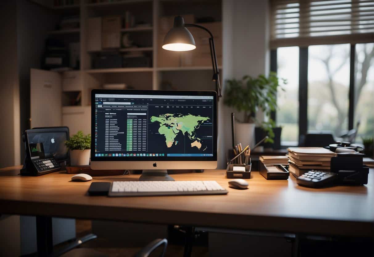 A home office with a desk, computer, calculator, and files. A person working on accounting and bookkeeping tasks from home