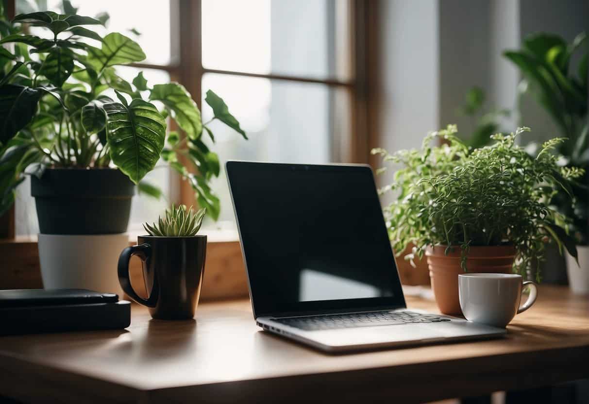 A cozy home office with a computer, desk, and chair. A plant adds a touch of greenery, while a cup of coffee sits nearby. The room is well-lit and inviting