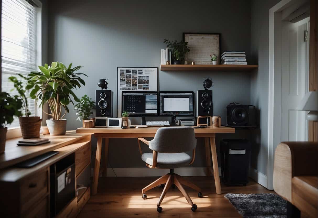 A cozy home office with a computer, desk, and comfortable chair. A phone and headset sit nearby, with a calendar on the wall. The room is well-lit and inviting