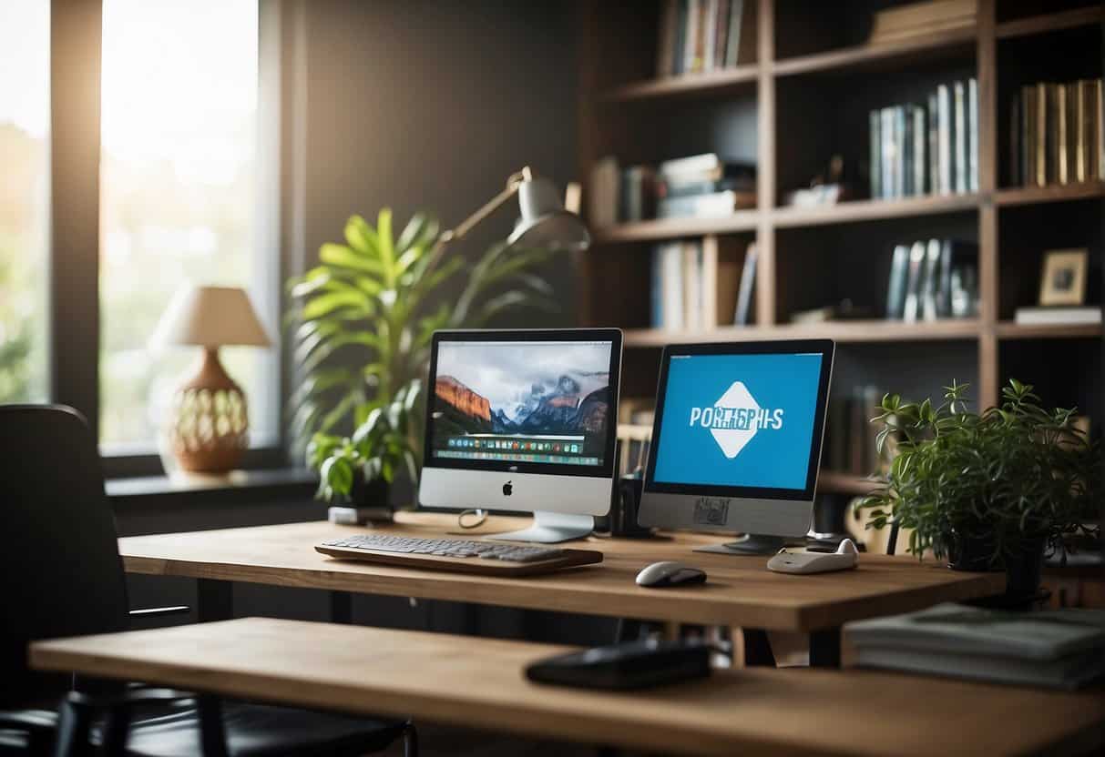 A home office with a computer, desk, and chair. A bookshelf filled with educational materials. A virtual training session on the computer screen