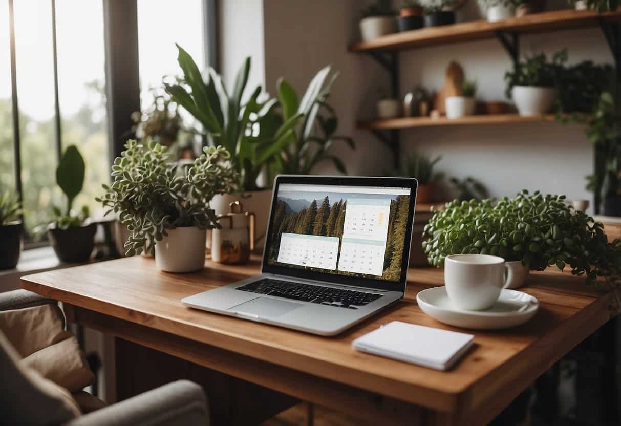 A cozy home office with a laptop, calendar, and coffee mug. Plants and family photos decorate the space. A multitasking mom efficiently manages her work and family responsibilities