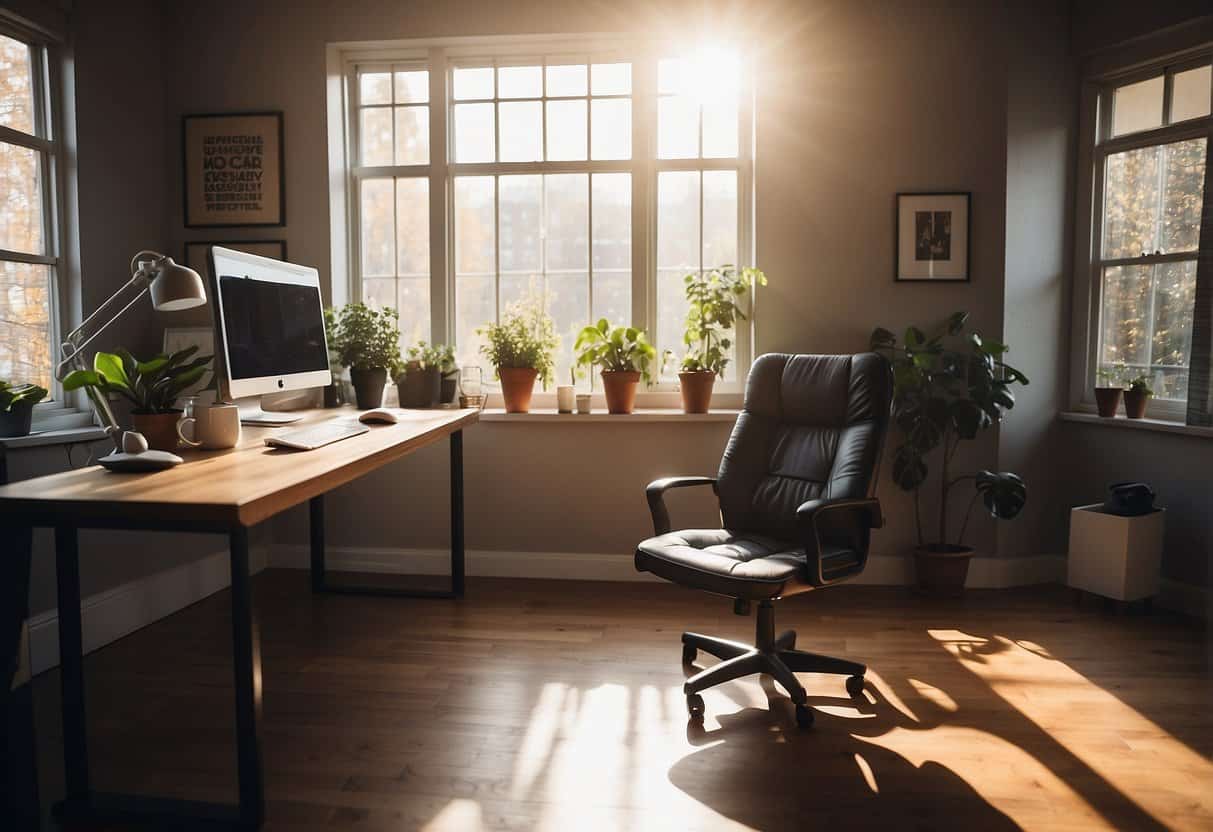 A cozy home office with a computer, desk, and comfortable chair. A cup of coffee sits nearby as the sunlight streams in through the window