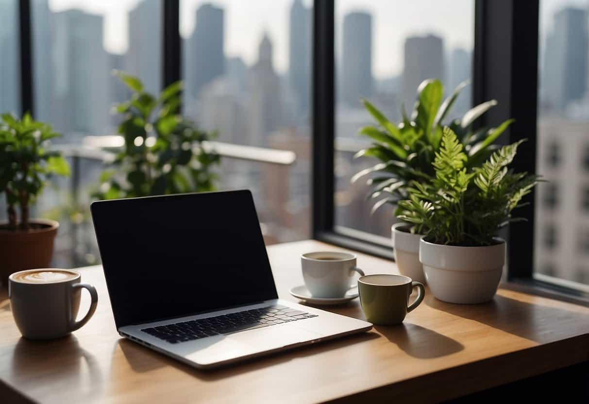 A desk with a laptop, notebook, and pen. A coffee mug and plant sit nearby. A window shows a cityscape