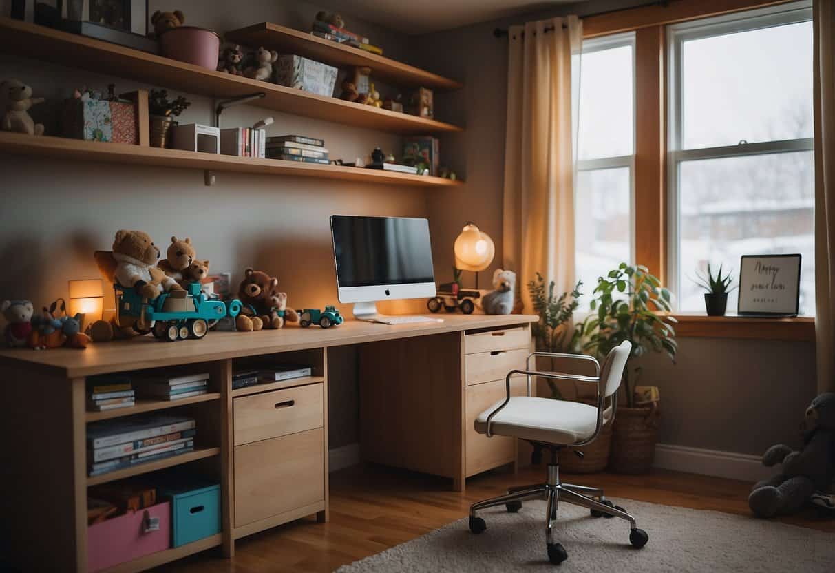A cozy home office with a desk, computer, and scattered toys. A multitasking mom juggles work, childcare, and household tasks