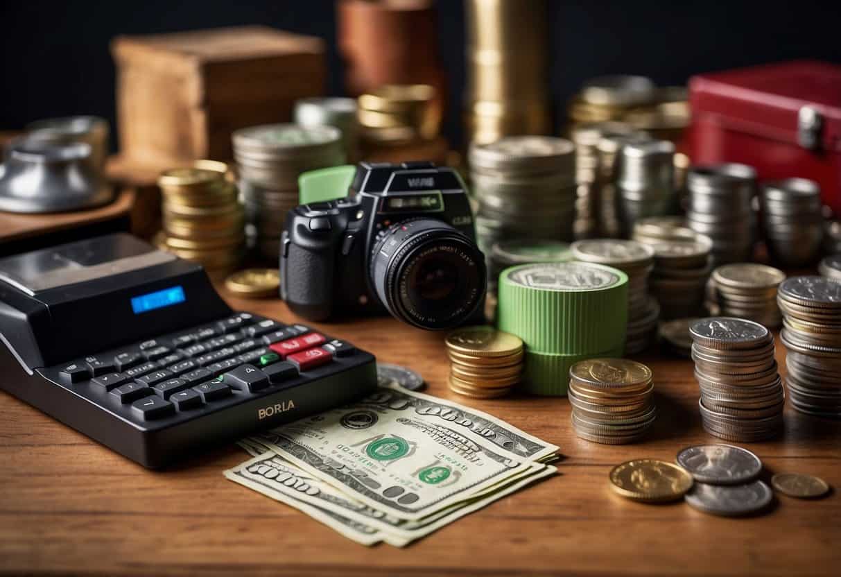 A colorful array of hobbies displayed with corresponding profit symbols, such as gardening, crafting, and photography, surrounded by stacks of cash and coins
