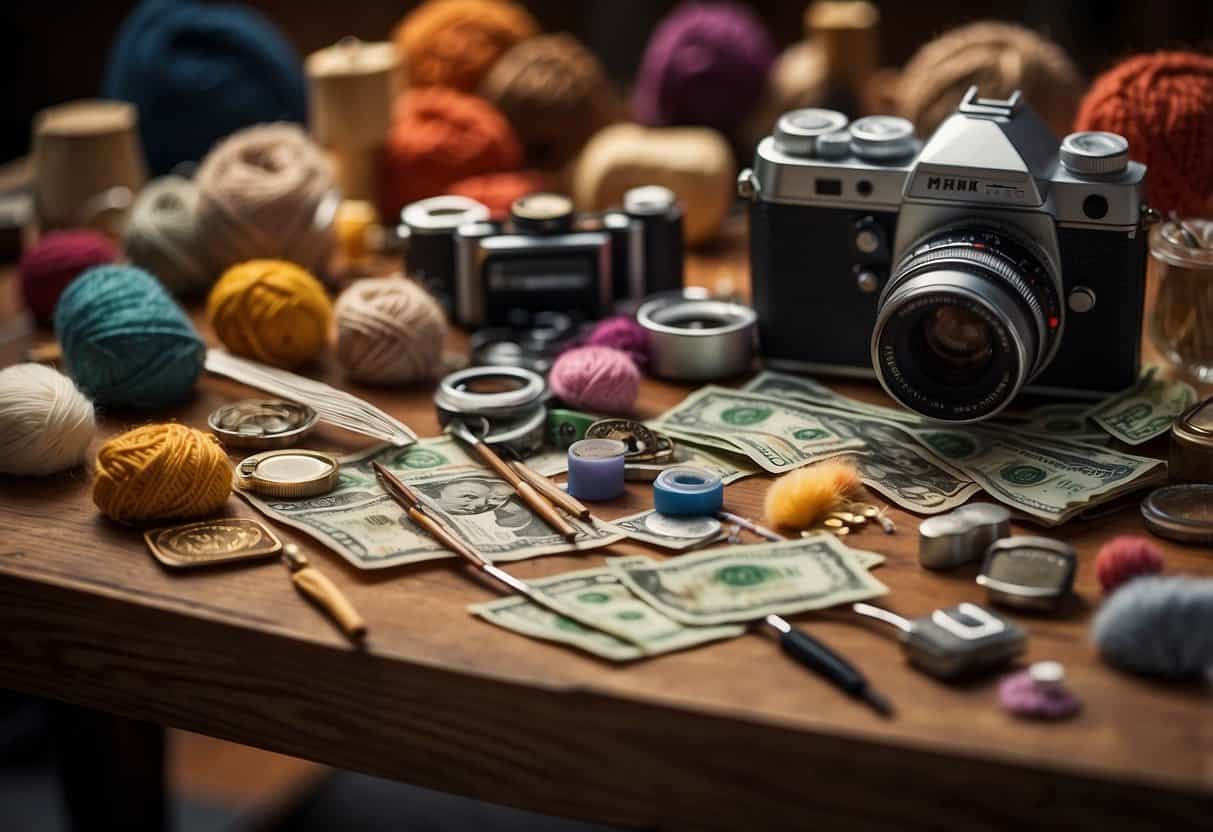 A table with various hobby items: camera, paintbrushes, knitting needles, etc. Money and fun symbols scattered around