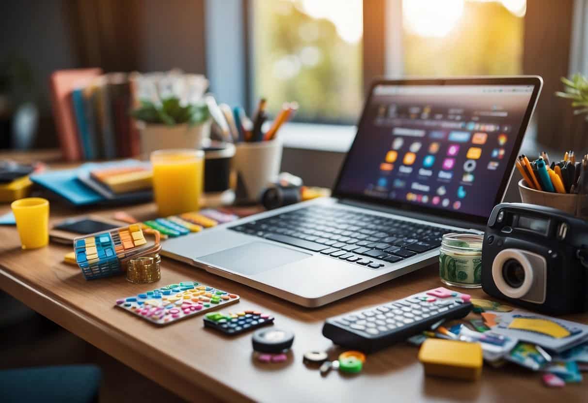 A colorful desk with various hobby supplies, a laptop open to a blog post titled "31 FUN AND PROFITABLE HOBBIES THAT MAKE MONEY", surrounded by money and happy emojis