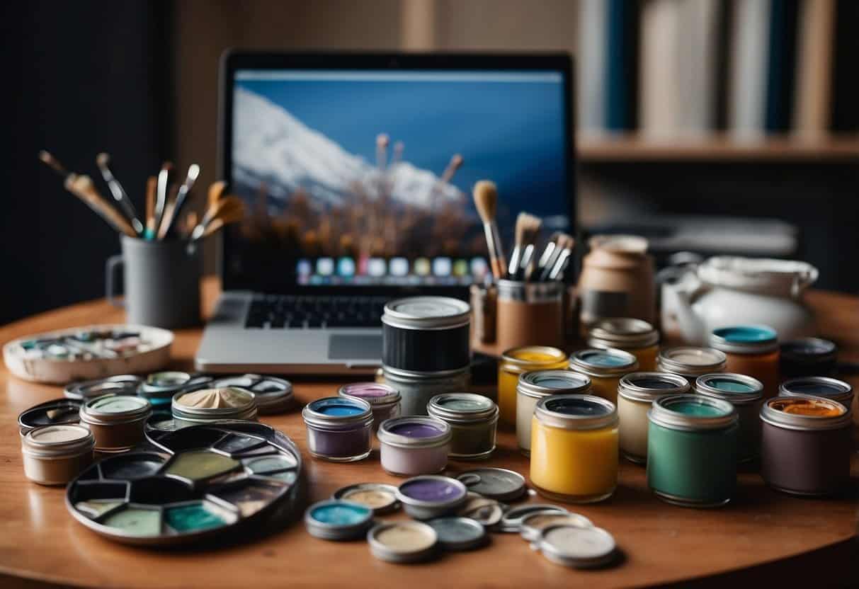 A table filled with various hobby supplies, such as paints, brushes, knitting needles, and a camera. A laptop open to a website about profitable hobbies. A stack of money on the table