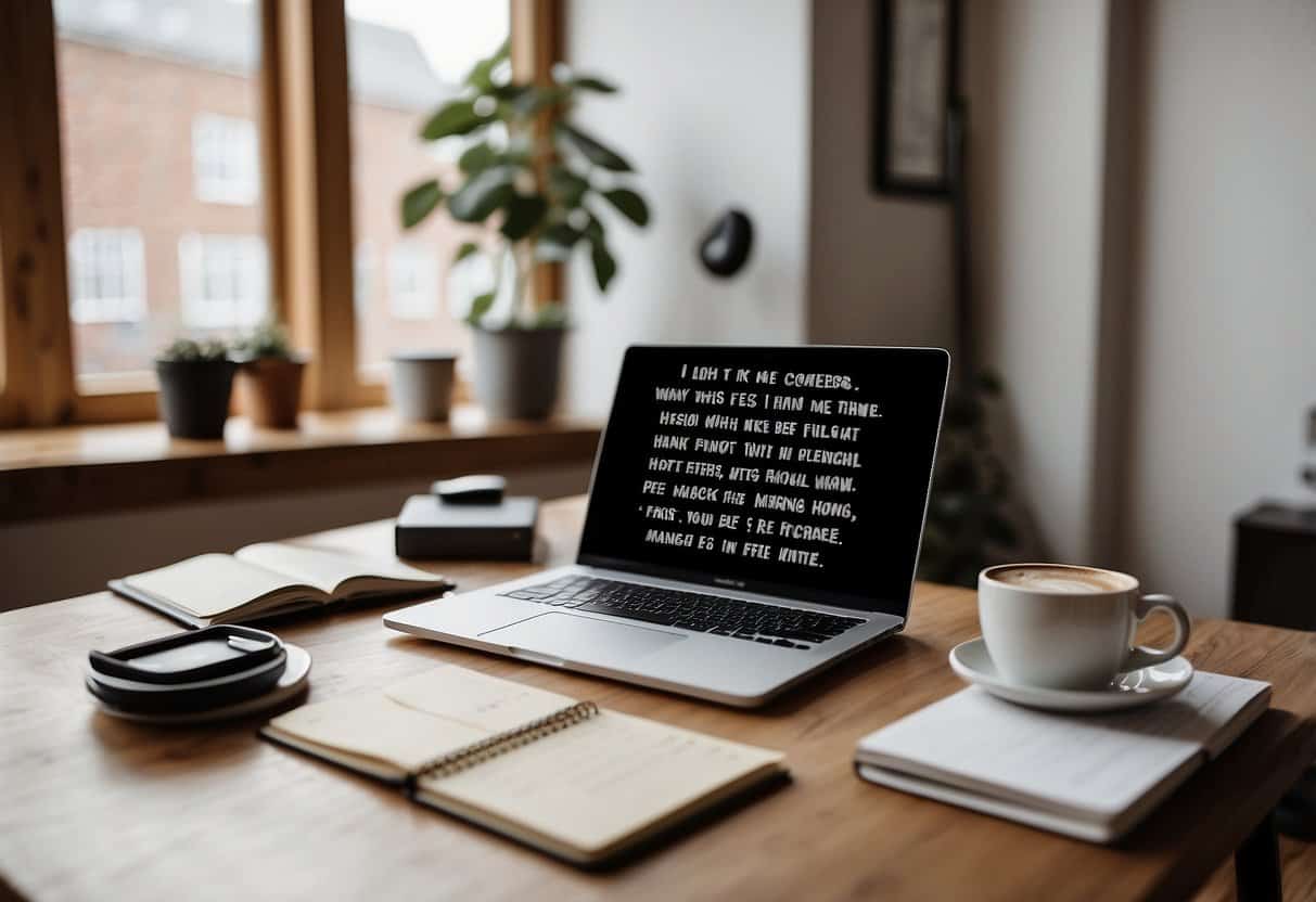 A home office with a laptop, planner, and motivational quotes on the wall. A cozy workspace with natural light and a cup of coffee