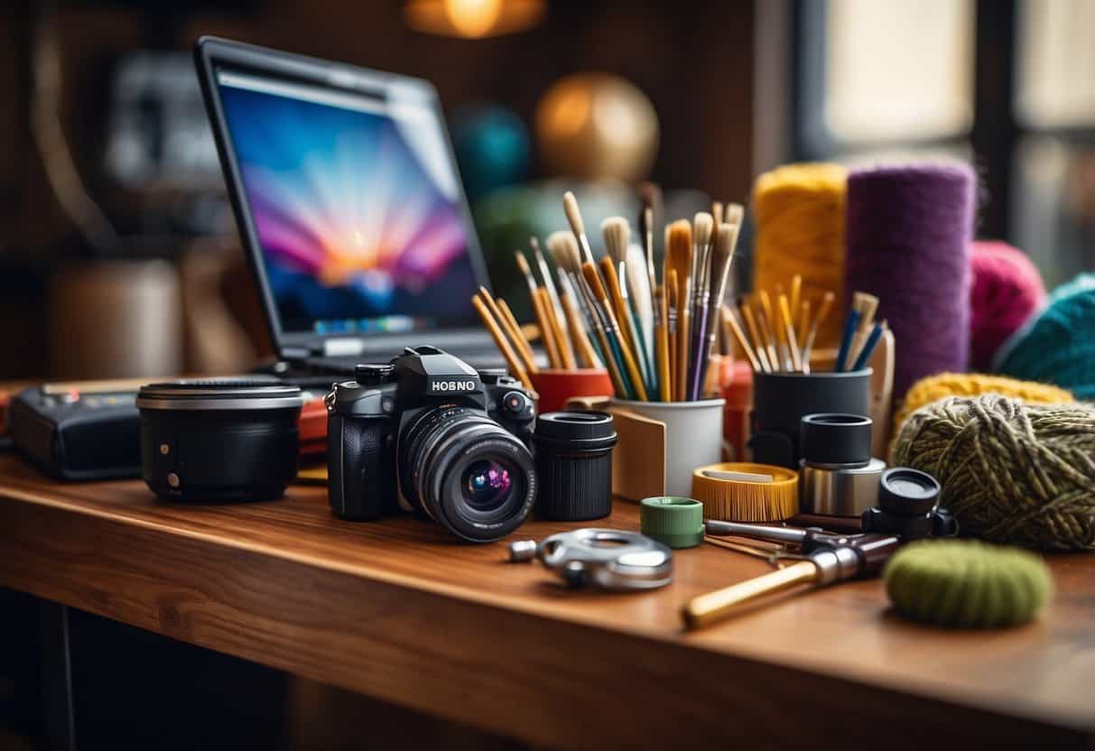 A colorful array of hobby items like paintbrushes, knitting needles, and camera equipment arranged on a table with a laptop and money sign in the background