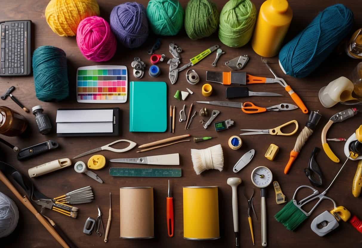 A colorful array of hobby supplies and tools displayed on a table, including paintbrushes, knitting needles, gardening gloves, and musical instruments. A laptop open to a YouTube channel titled "31 FUN AND PROFITABLE HOBBIES THAT MAKE MONEY"