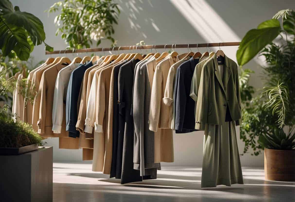A diverse array of eco-friendly clothing items displayed in a minimalist, modern setting with natural lighting and greenery