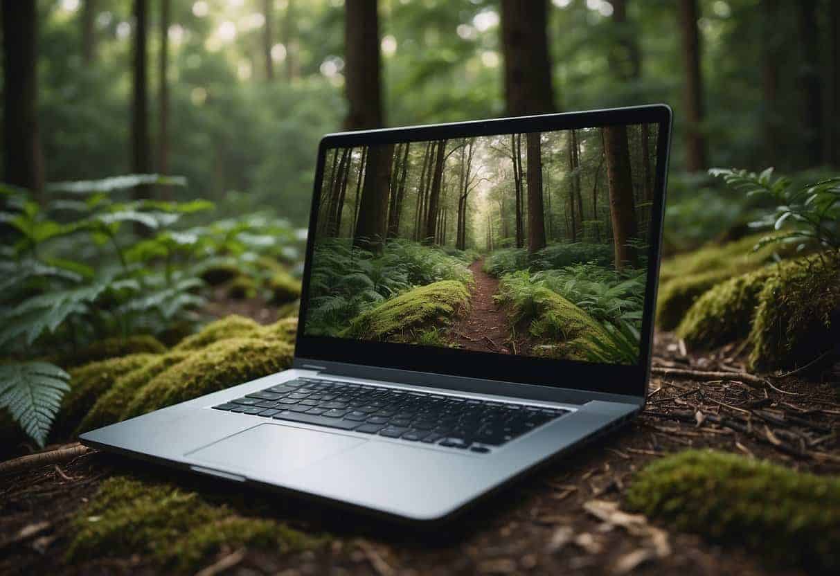 A serene forest clearing with a laptop discarded on the ground, surrounded by vibrant greenery and wildlife, symbolizing a digital detox and peaceful niche blogging